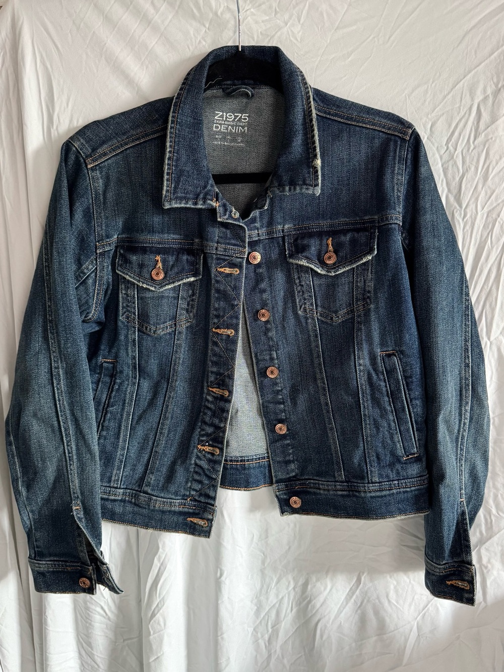 Zara Z1975 Denim Jacket Women’s Large Dark Wash Cropped Jean Jacket